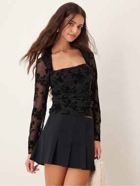 Abercrombie & Fitch Black Sheer Floral Velvet Square Neck Top
